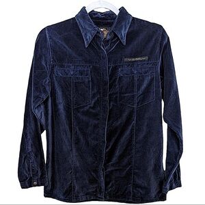 HARLEY Davidson Vintage Midnight Blue Cotton Velvet Button Front Shirt Size XS
